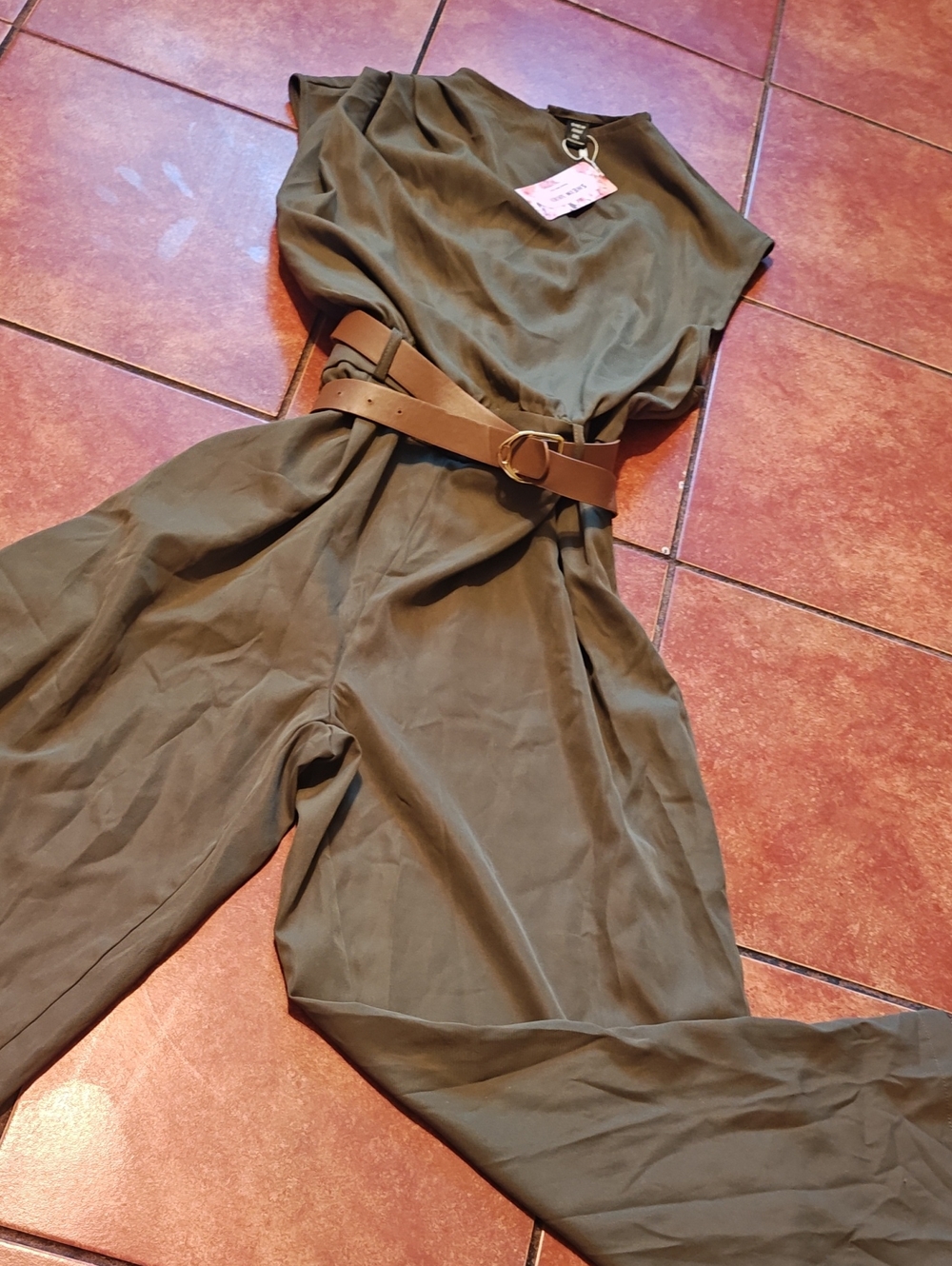 SHEIN Olive Green Sleeveless Belted Jumpsuit with Brown Belt